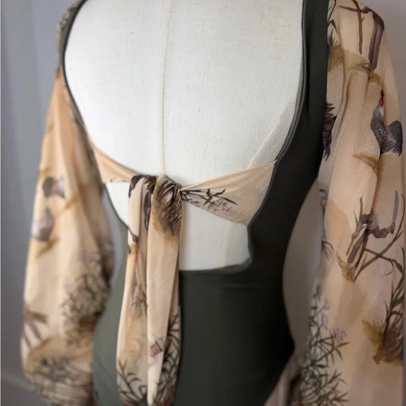 Elegant Olive Bodysuit with Printed Sleeves - Picture 7 of 11